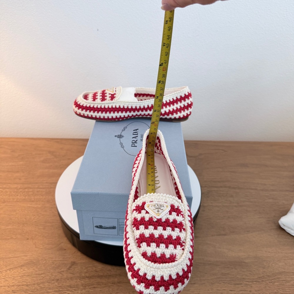 Prada Red White Crochet Loafers Enameled Triangle Logo Flats 1D496N Womens 37 - Picture 11 of 11